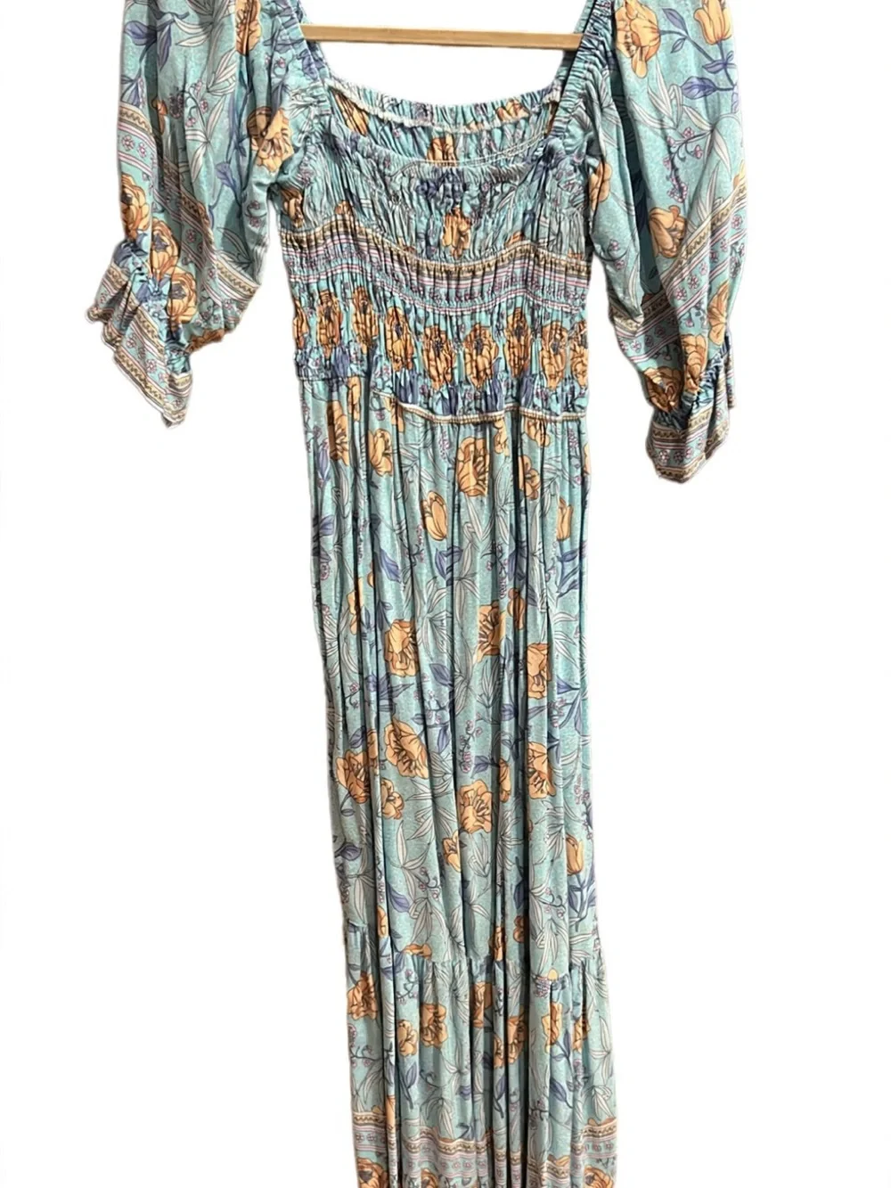 Amazon Mint Green Floral Smocked Maxi Dress with Mustard Blooms